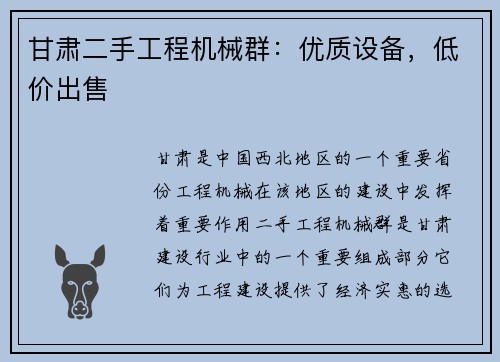 甘肃二手工程机械群：优质设备，低价出售