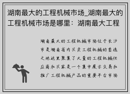 湖南最大的工程机械市场_湖南最大的工程机械市场是哪里：湖南最大工程机械市场：买卖工程机械的首选之地